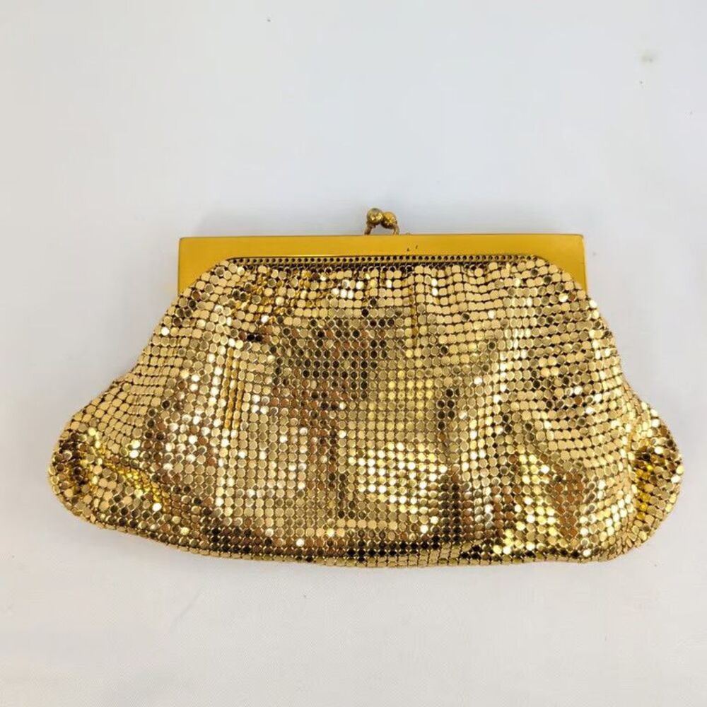 Whiting & Davis Vintage Metal Mesh Clutch Purse Gold Tone Evening Bag Made USA